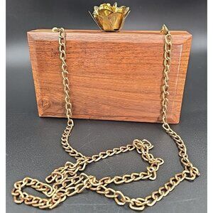 Handcrafted Wooden Clutch Bag Purse Natural Wood Gold Tone Cross Body Floral